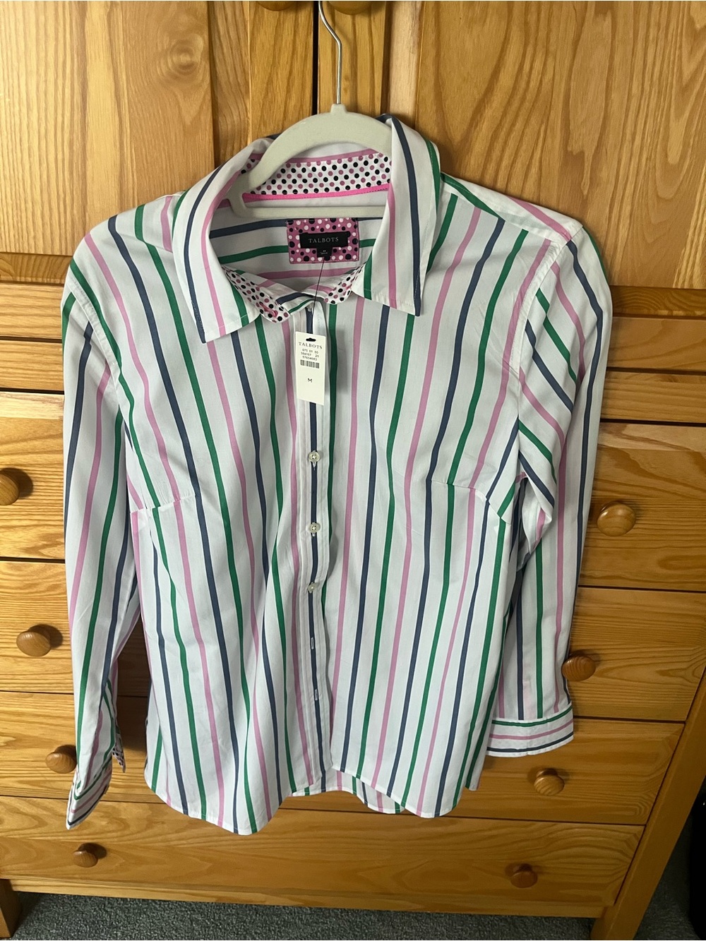 Talbots Women’s White Striped Button-Up Shirt - Pink, Green, Navy Medium